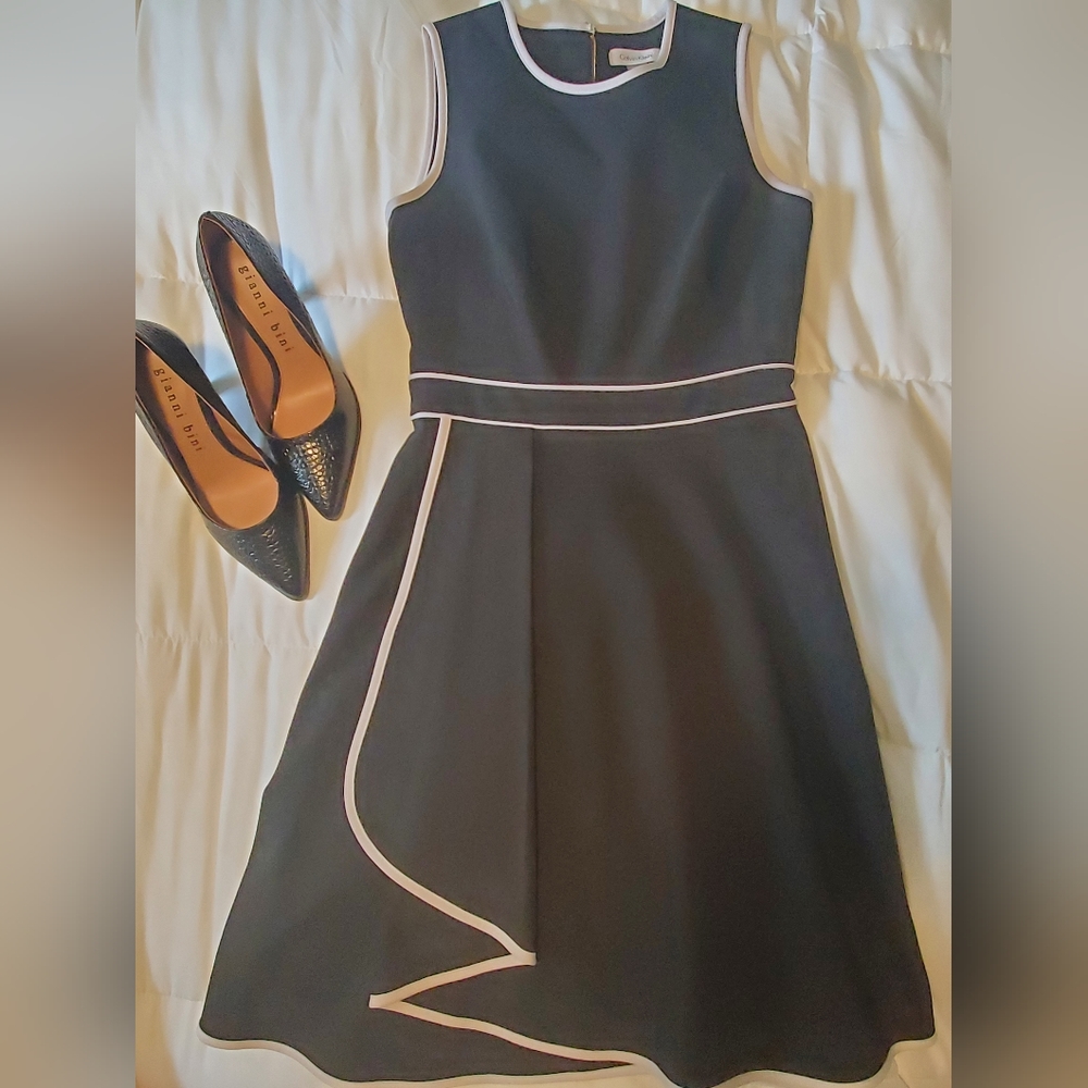 EUC Calvin Klein Black A line dress with White Piping Sz 2